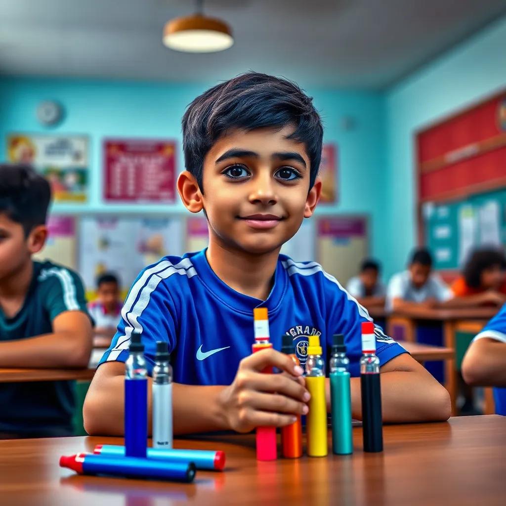 A young Arab boy, Ayman, with short dark hair, wearing a blue soccer jersey and shorts, sitting with friends at school, colorful electronic cigarettes on the table, vibrant classroom atmosphere, cheerful and inviting lighting, digital art, child-friendly
