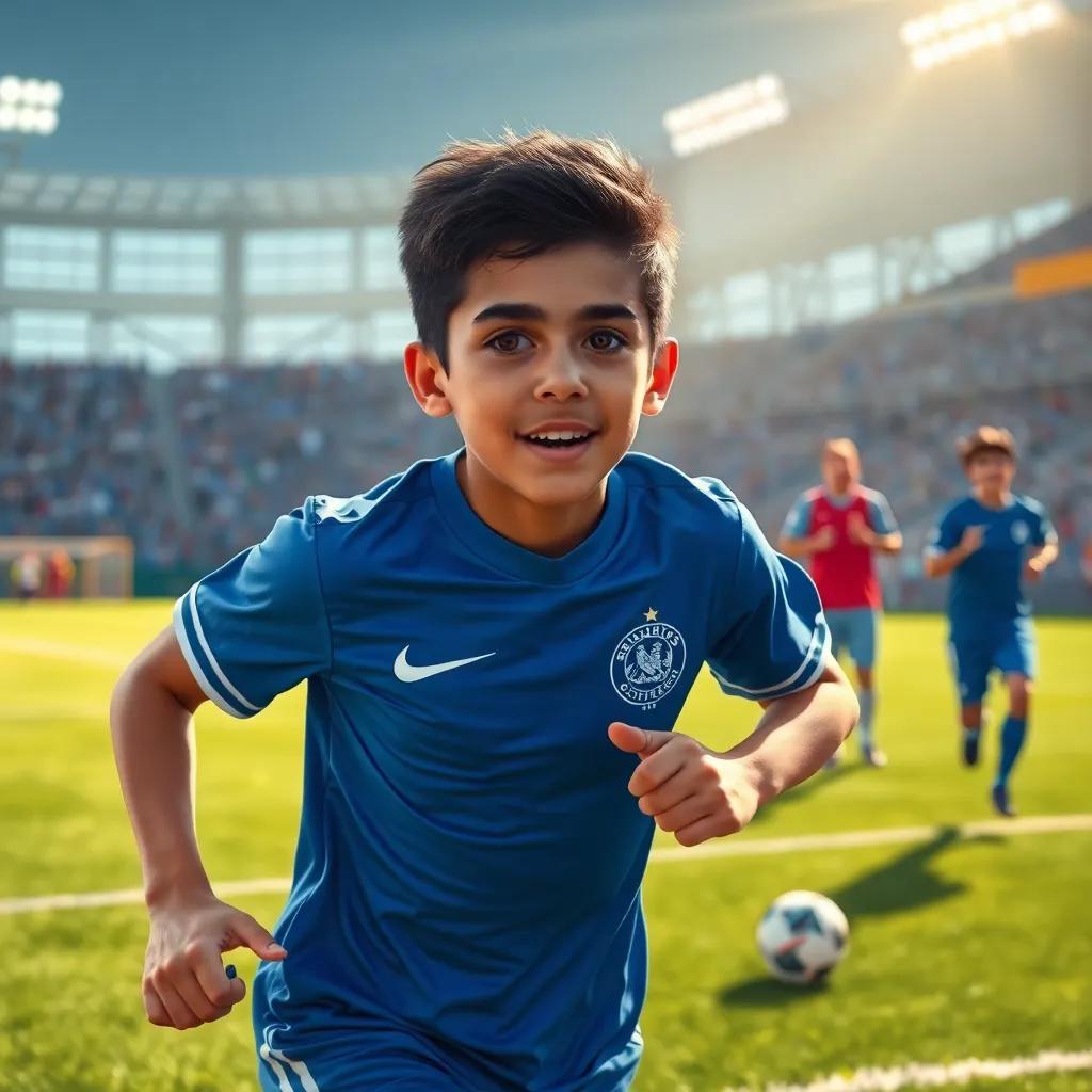 Ayman, a young Arab boy with short dark hair, running on a soccer field in a blue jersey, teammates cheering in the background, intense focus on Ayman's face, bright sunlight on the field, dynamic sports scene, illustration, high energy