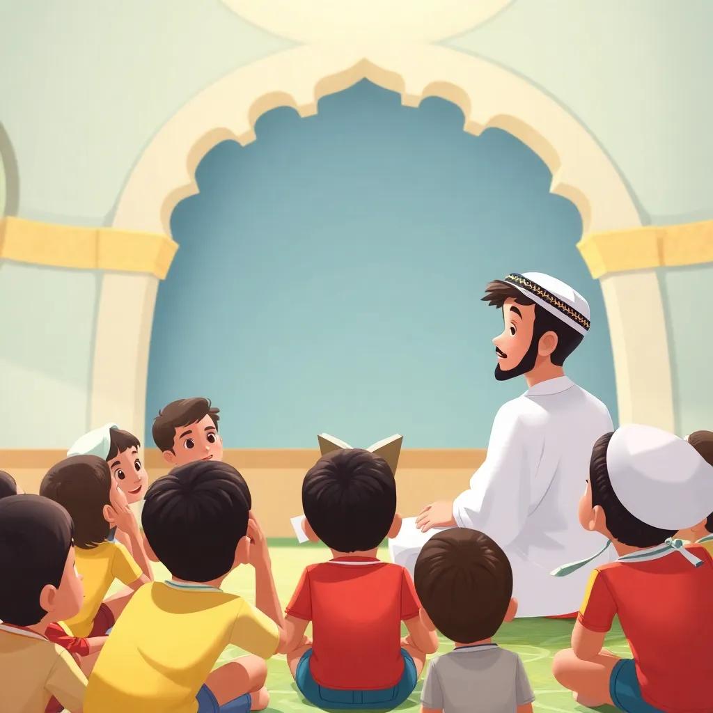 Yasser, a young Arab boy in a white thobe, sitting attentively in a circle with his Quran teacher, surrounded by other children, eager learning environment, illustration, bright and inviting, educational