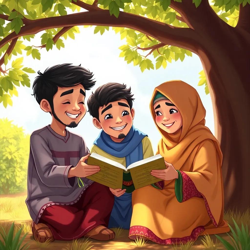 Yasser with his friends, Ahmad and Sumaya, gathered under a tree, reviewing Quran verses together, smiles on their faces, sunny day, friendly and supportive atmosphere, colorful, high quality