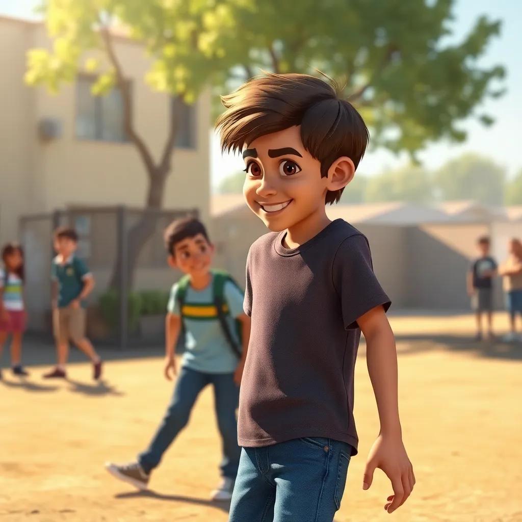 A scene in the school yard where Khaled, a young Arab boy with short brown hair wearing blue jeans and a t-shirt, challenges Yasser playfully, mischievous smile, warm sunlight, engaging moment, detailed
