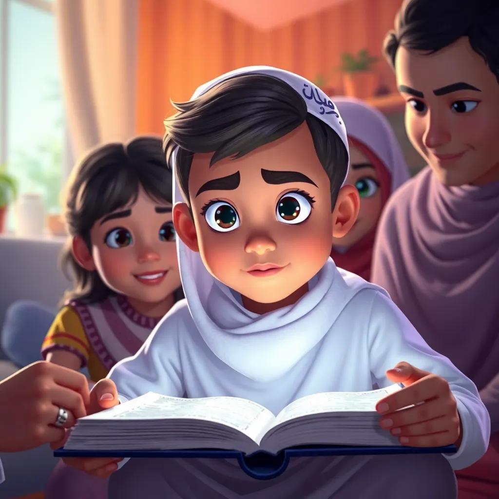 Yasser with bright eyes and a white thobe, looking determined while studying his Quran, surrounded by supportive family members, warm home background, atmosphere of love and encouragement, bright colors, emotional