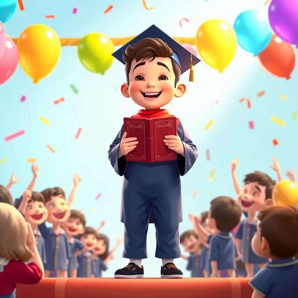 A joyful scene where Yasser stands on a graduation stage, holding his Quran, surrounded by classmates celebrating, colorful balloons, festive atmosphere, jubilant