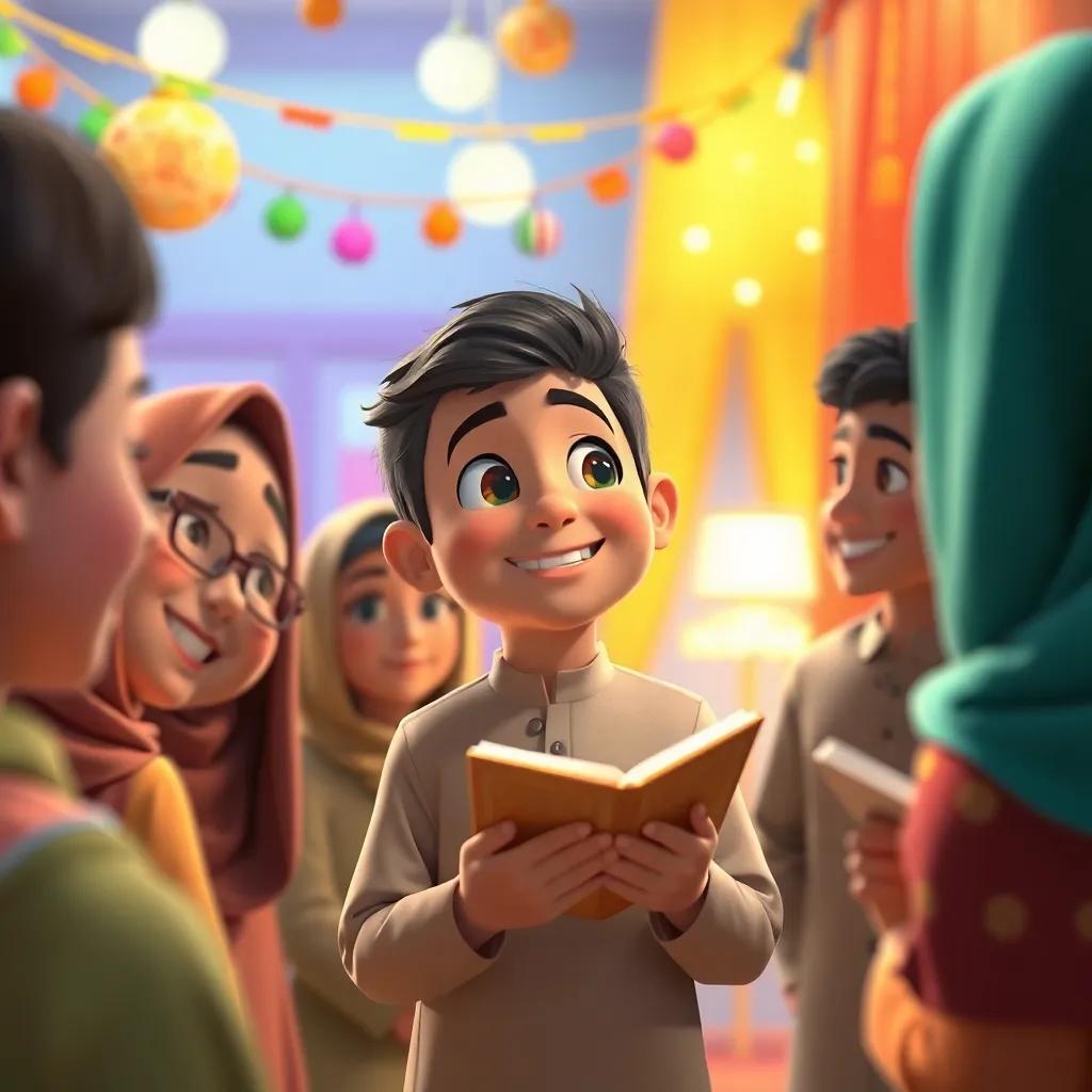 Yasser looking around at his friends, all of them smiling and celebrating their Quran memorization achievements, colorful decorations around, lively and happy ambiance, high quality