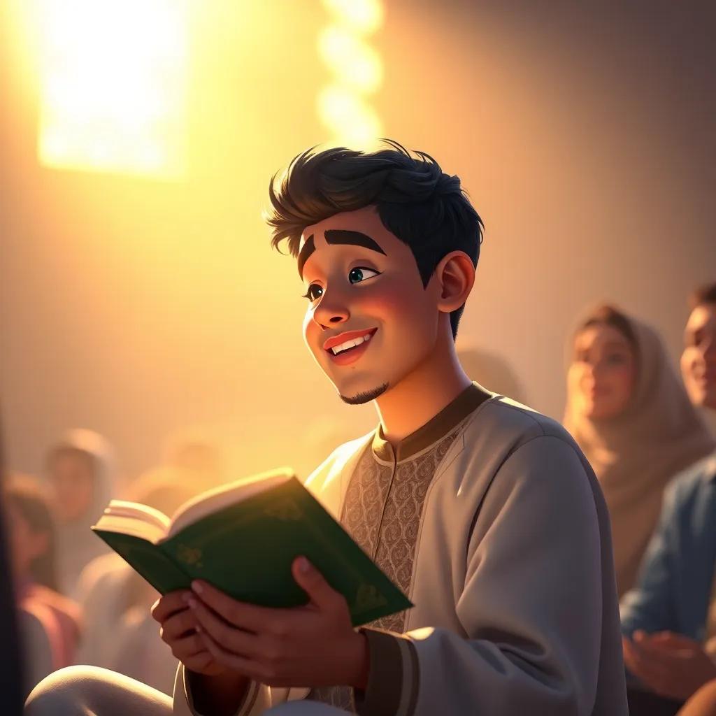 A beautiful moment of Yasser reciting Quran to an audience, a soft glow around him, warm light illuminating his face, filled with happiness and pride, emotional