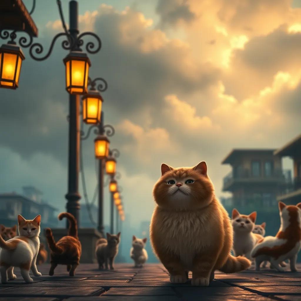 A gloomy day with clouds in the sky, light rain droplets shimmering under old lanterns, Yasmin, a plump cat, slowly walking and looking sad at playful cats, digital art, atmospheric, warm light, soft colors, engaging perspective, high quality