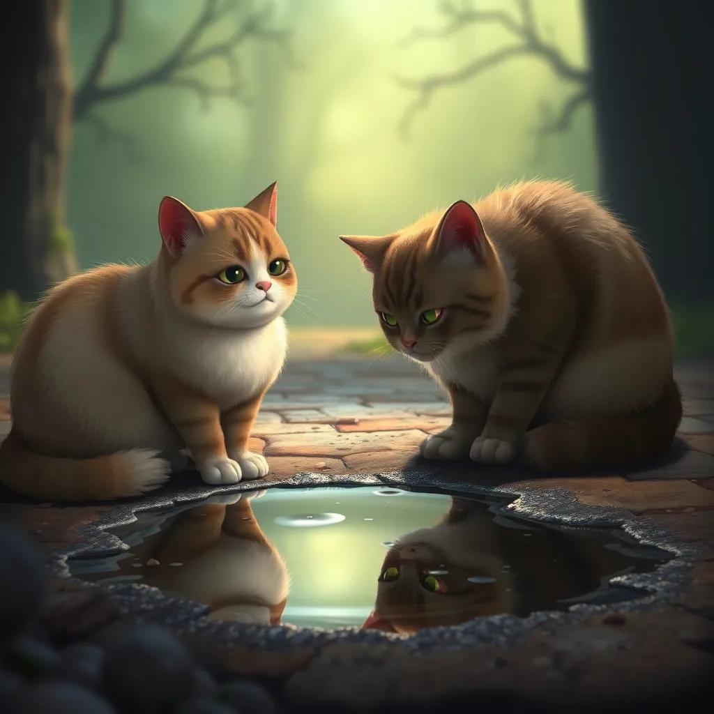Yasmin, the plump cat, observing her reflection in a small puddle, with a sense of sadness, an old cat approaching her, whispering comforting words, digital art, deep colors, thoughtful ambiance, vivid details, high quality