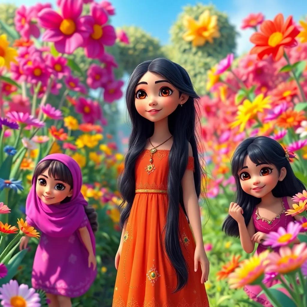 A beautiful garden with colorful flowers, where Yasmin, a young Arab girl with long dark hair wearing a bright dress, is surrounded by eager girls, digital art, vibrant colors, cheerful atmosphere, high quality