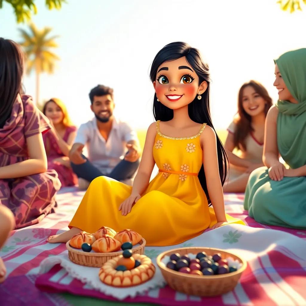 Yasmin, a young Arab girl with long dark hair in a bright dress, sitting on a picnic blanket with pastries and olives, under warm sunlight, joyful gathering, colorful, welcoming scene, high quality