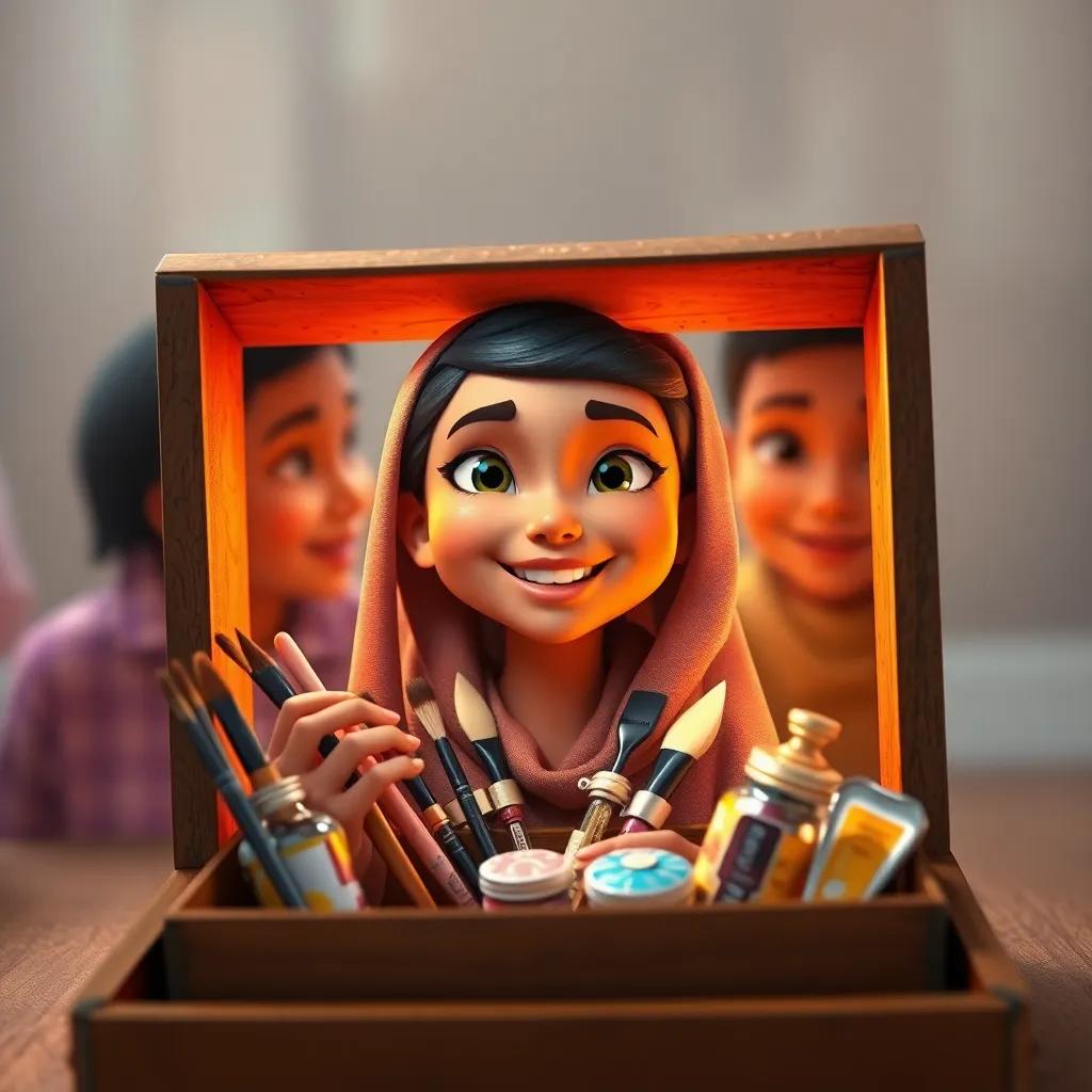 Inside a small box, tiny brushes and aromatic oils are displayed, with Yasmin, a young Arab girl, smiling with excitement, surrounded by her friends, encouraging atmosphere, bright and vibrant, high quality