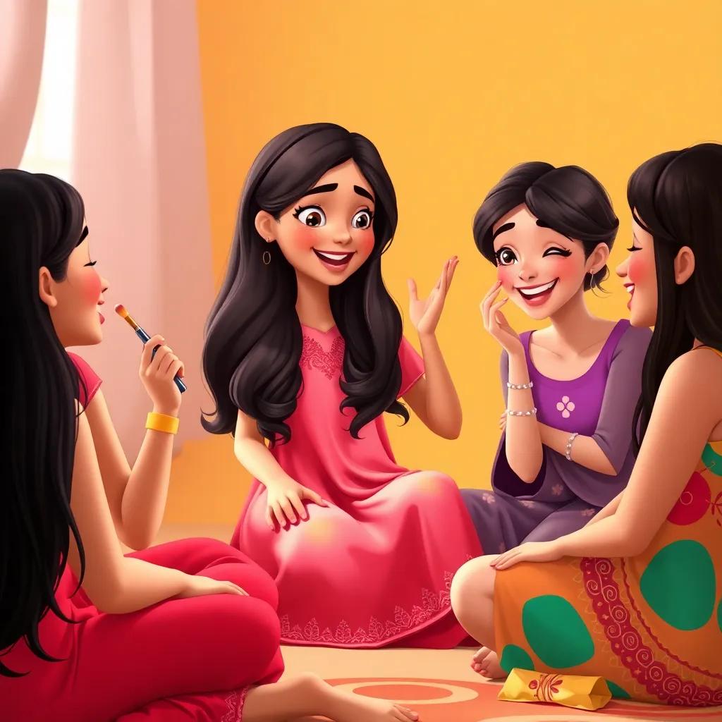 Yasmin, a young Arab girl with long dark hair wearing a bright dress, demonstrating beauty techniques to her friends, sitting in a circle, laughing and enjoying the moment, playful and vivid scene, high quality