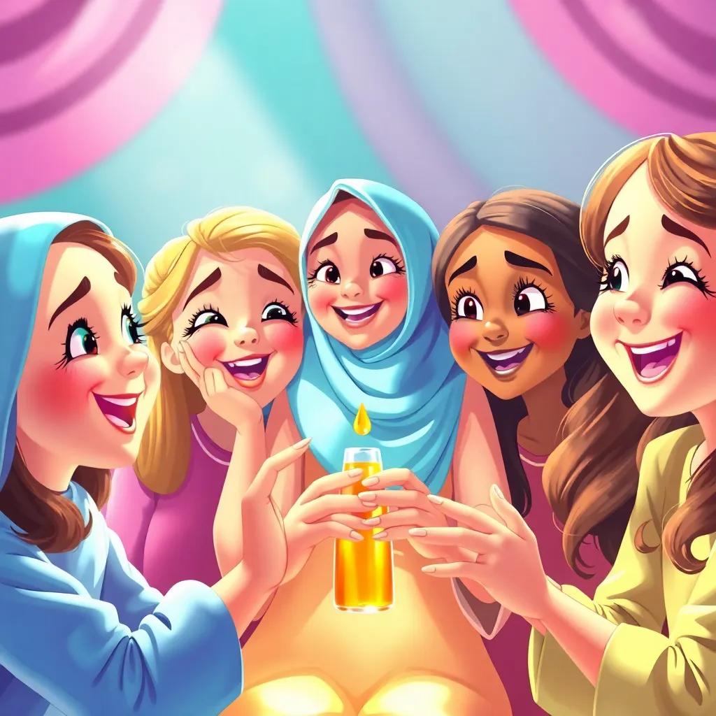 The girls excitedly applying the oil on their eyelashes, with Yasmin leading the fun, expressions of joy and amazement all around, colorful, cheerful atmosphere, vibrant light, high quality