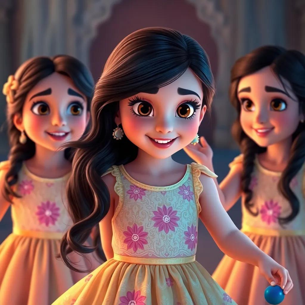 Yasmin, a young Arab girl with long dark hair in a bright dress, dancing joyfully as the girls admire their transformed long lashes, vivid expressions, magical moment captured, high quality