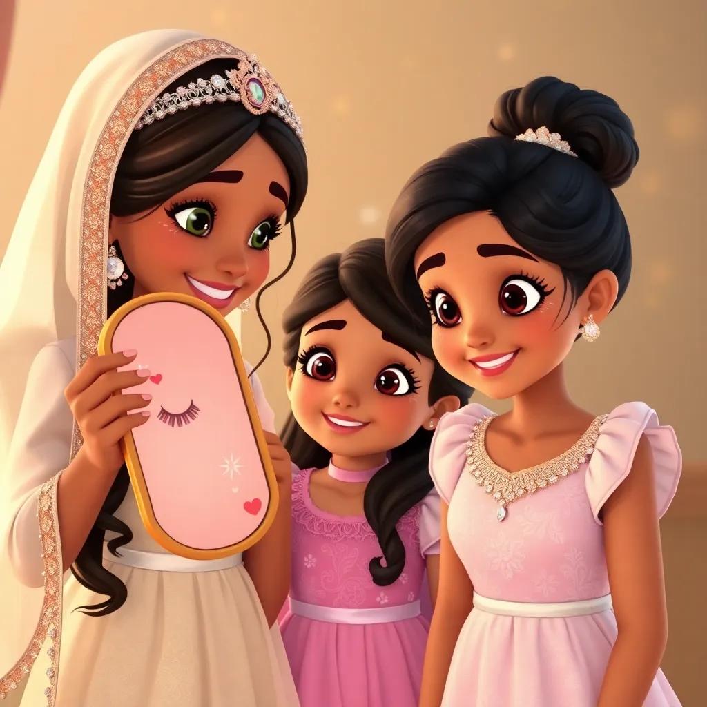 Yasmin holding a mirror, showing the girls their beautiful lashes, with surprise and happiness on their faces, sparkling reflections of joy and beauty, heartwarming scene, high quality