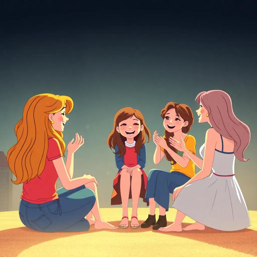 The girls gather in a friendly circle discussing beauty secrets together, smiles and laughter filling the air, warm light illuminating the scene, high quality