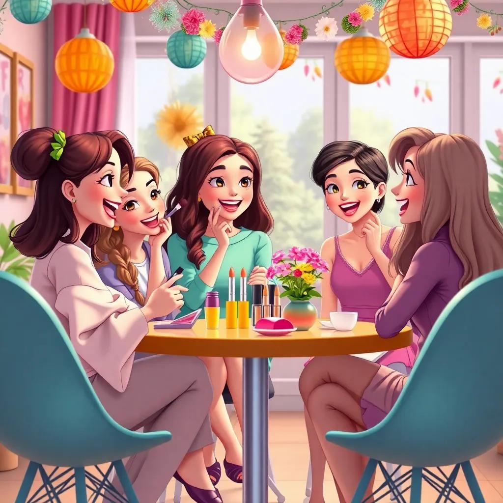 A vibrant weekly meeting scene with the girls sharing new beauty tips, colorful decorations around, infused with laughter and joy, high quality