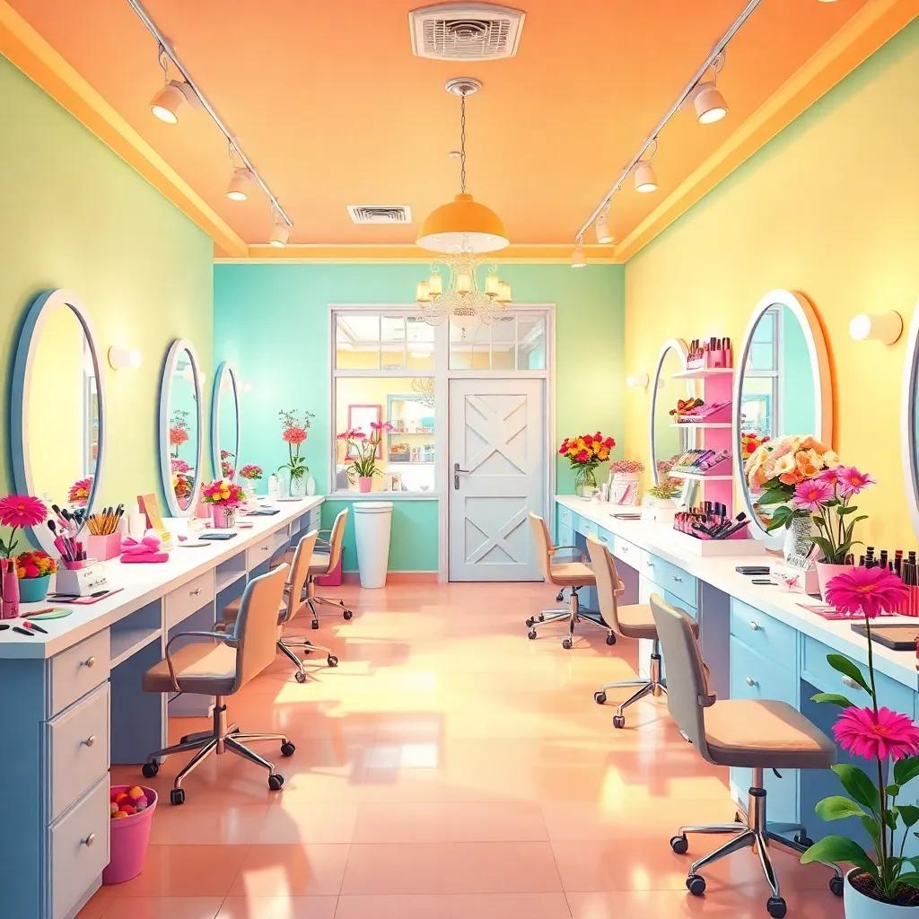 A beautiful and colorful beauty academy filled with bright colors, makeup tools, and flowers, with a warm and inviting atmosphere, digital art, cheerful ambiance