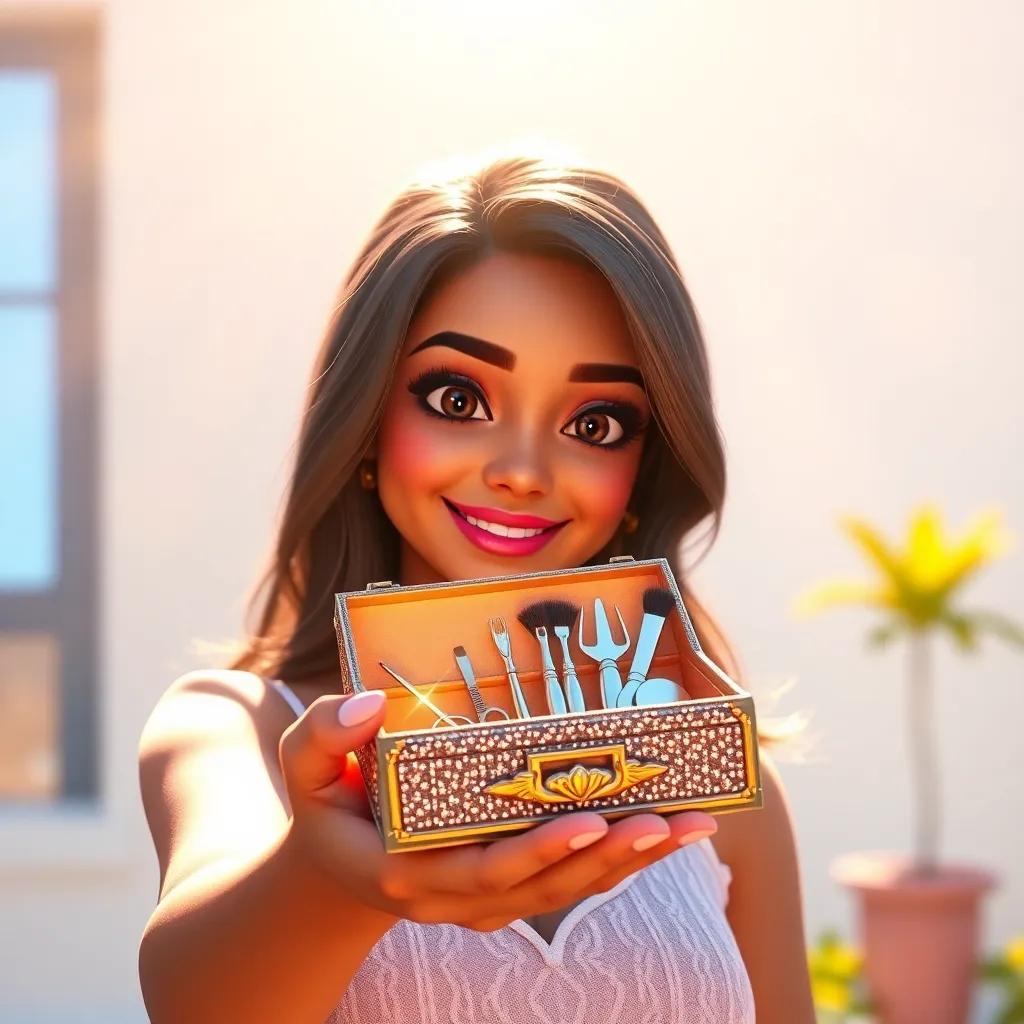 Yasmin holding a small magical box of lash extension tools, with glimmering colors shining in sunlight, a close-up scene, encouraging and sunny environment, cheerful