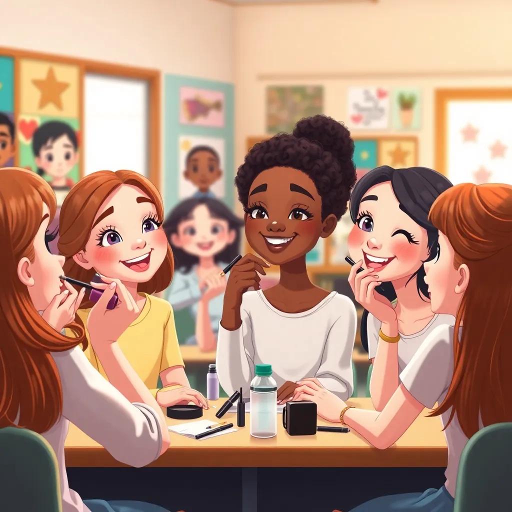 Girls applying mascara and false lashes, laughing and chatting joyfully while looking in mirrors, diverse ethnic backgrounds, colorful classroom, heartwarming scene