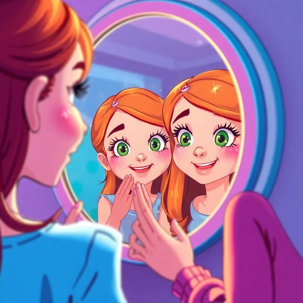 Girls looking in mirrors with sparkly long lashes, amazed at their beautiful reflections, bright colors and joyful expressions, delightful atmosphere