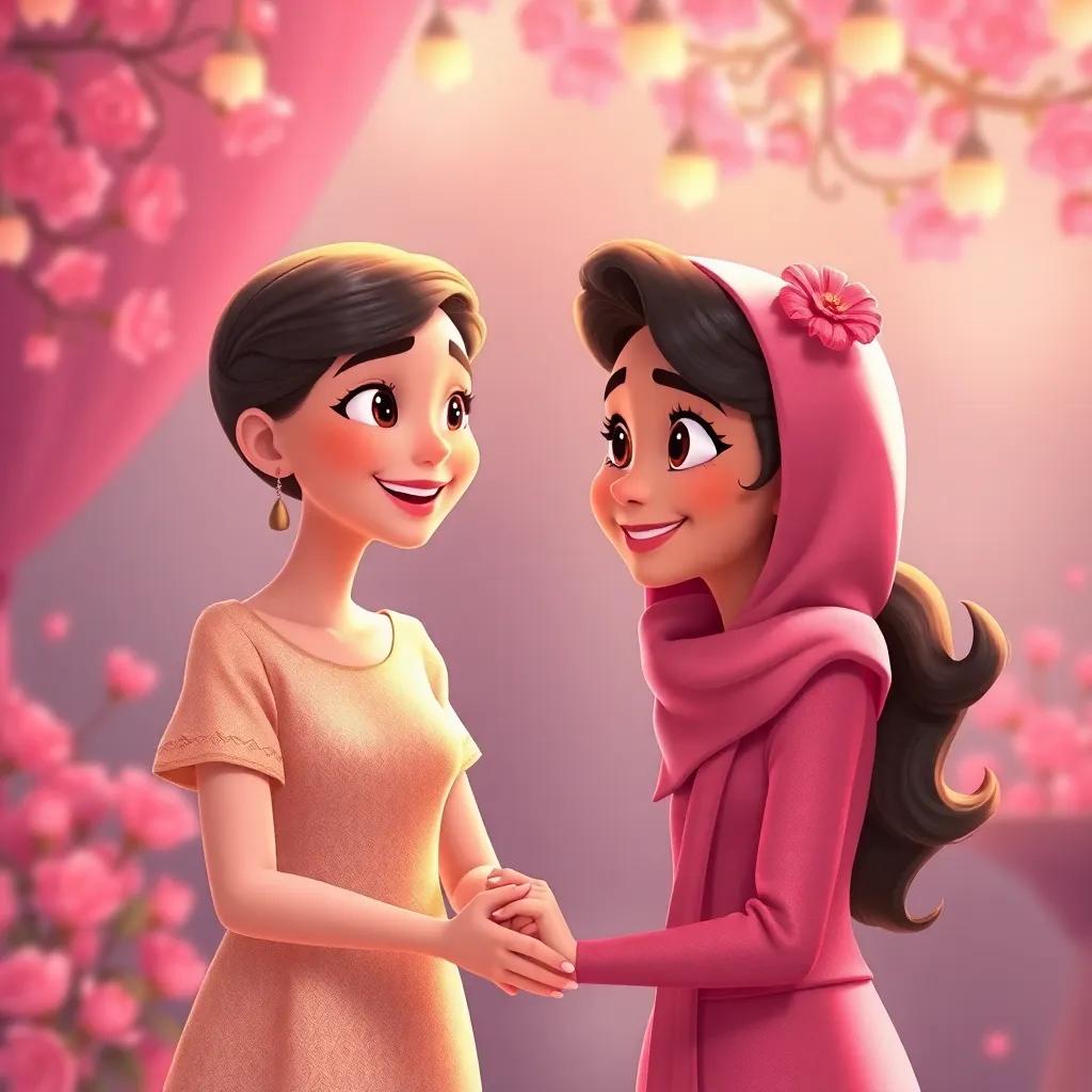 A girl proposing they can be best friends, Yasmin smiling, heartfelt connection, rosy hues and warm light enveloping the scene, charming atmosphere