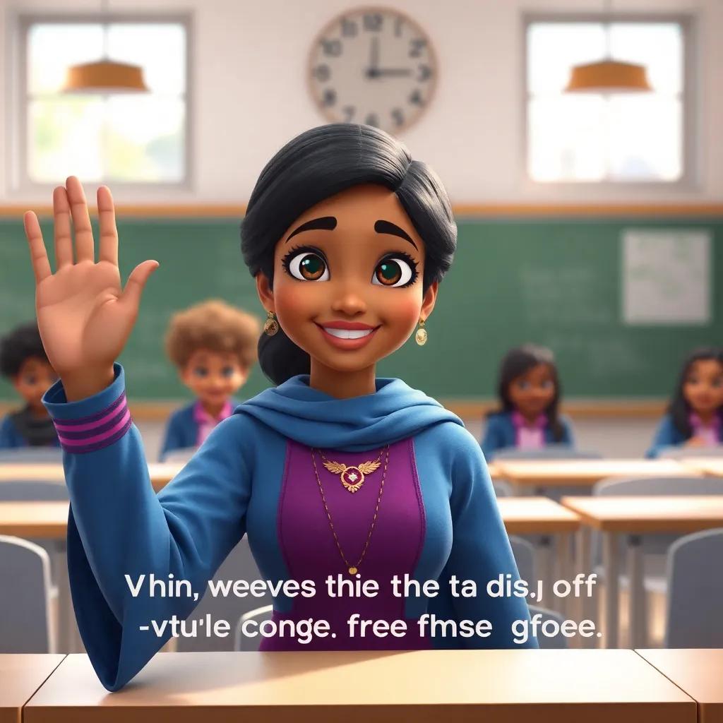 Yasmin waving goodbye to the girls, conveying warmth and wisdom, beautiful classroom setting behind her, motivational and uplifting sentiment