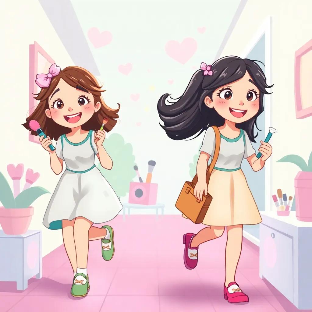 Girls happily heading home with their beauty tools, light-hearted atmosphere, filled with joy and dreams of beauty, pastel colors, cheerful and optimistic