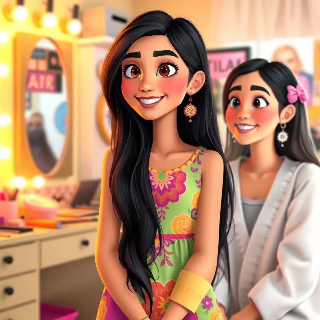 A young Arab girl, Yasmin, with long dark hair in a colorful dress, smiling as she talks with her friend Leila in a bright and cheerful room filled with makeup tools, digital art, warm colors, inviting atmosphere, high quality