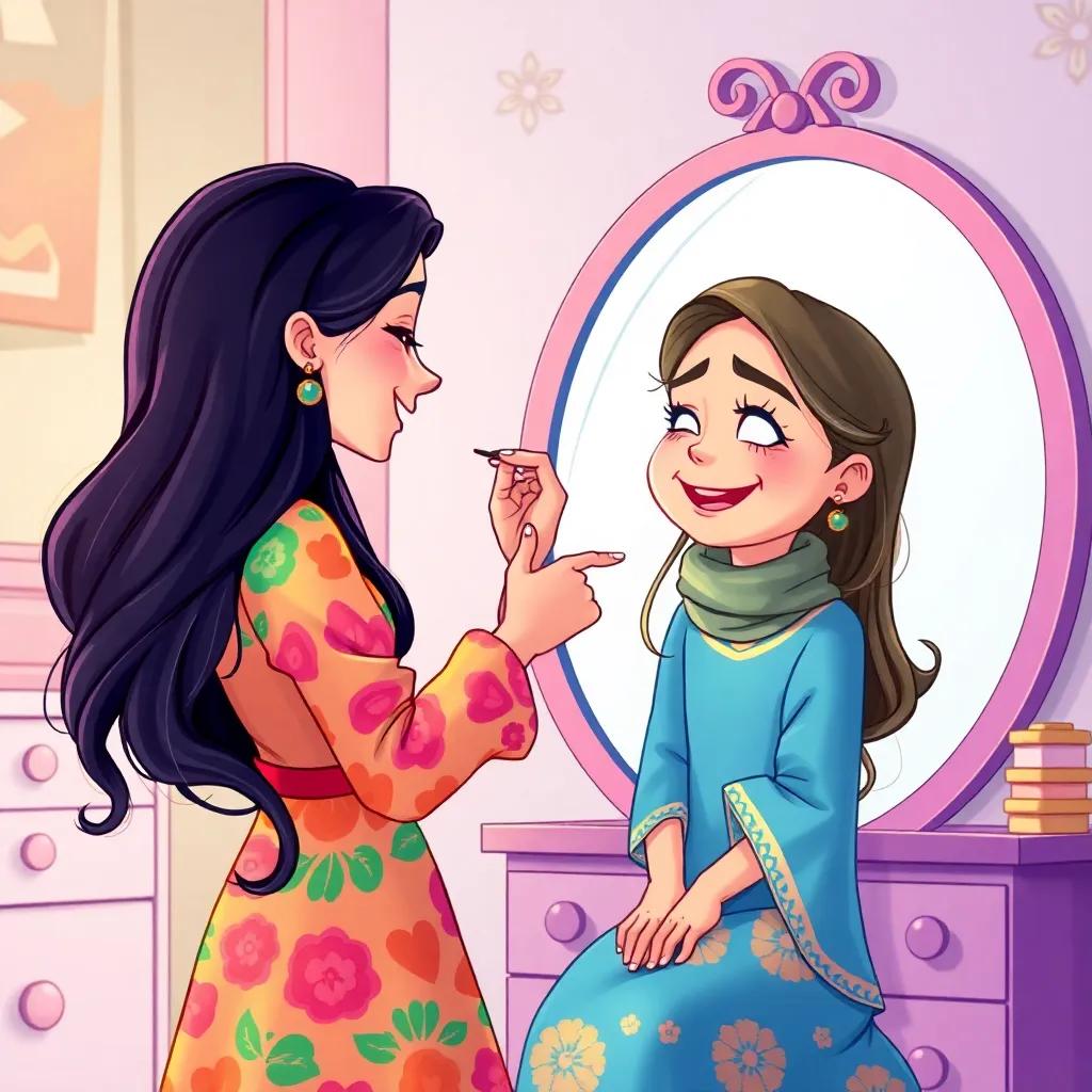 Yasmin, a young Arab girl with long dark hair in a colorful dress, carefully applying false eyelashes on Leila, who is giggling in front of a large mirror, detailed and cheerful illustration, vibrant colors, fun and playful setting, high quality