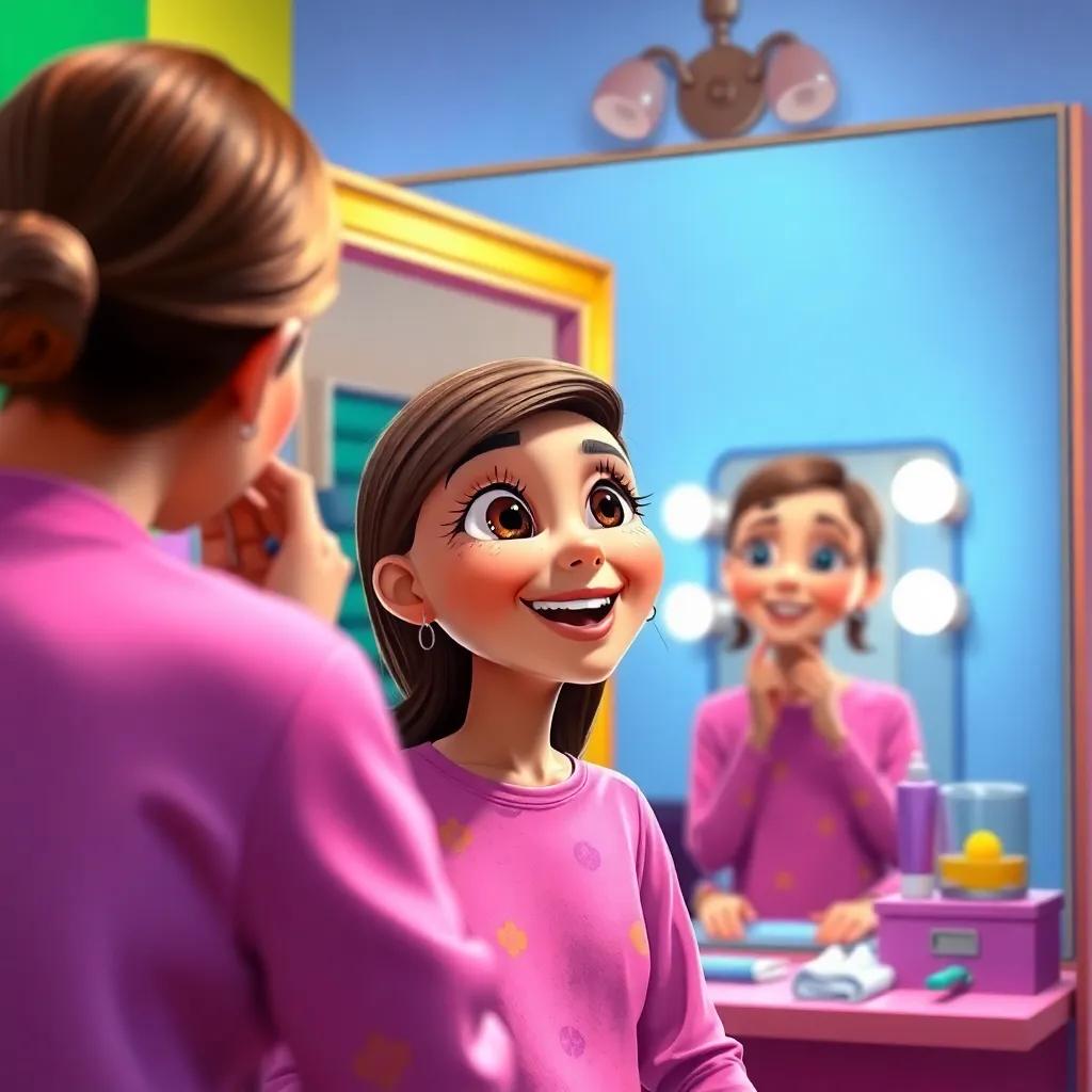 Leila after having her eyelashes done by Yasmin, looking surprised and happy in front of a big mirror, colorful room, digital painting, bright and exciting, high quality, joyful moment