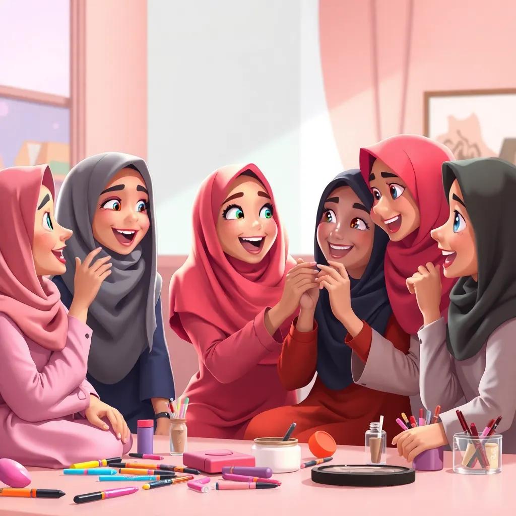 A group of young Arab girls, excited and chatting with each other, while Yasmin helps Sara with her eyelashes, colorful makeup tools scattered around, cheerful atmosphere, digital art, lively details, high quality