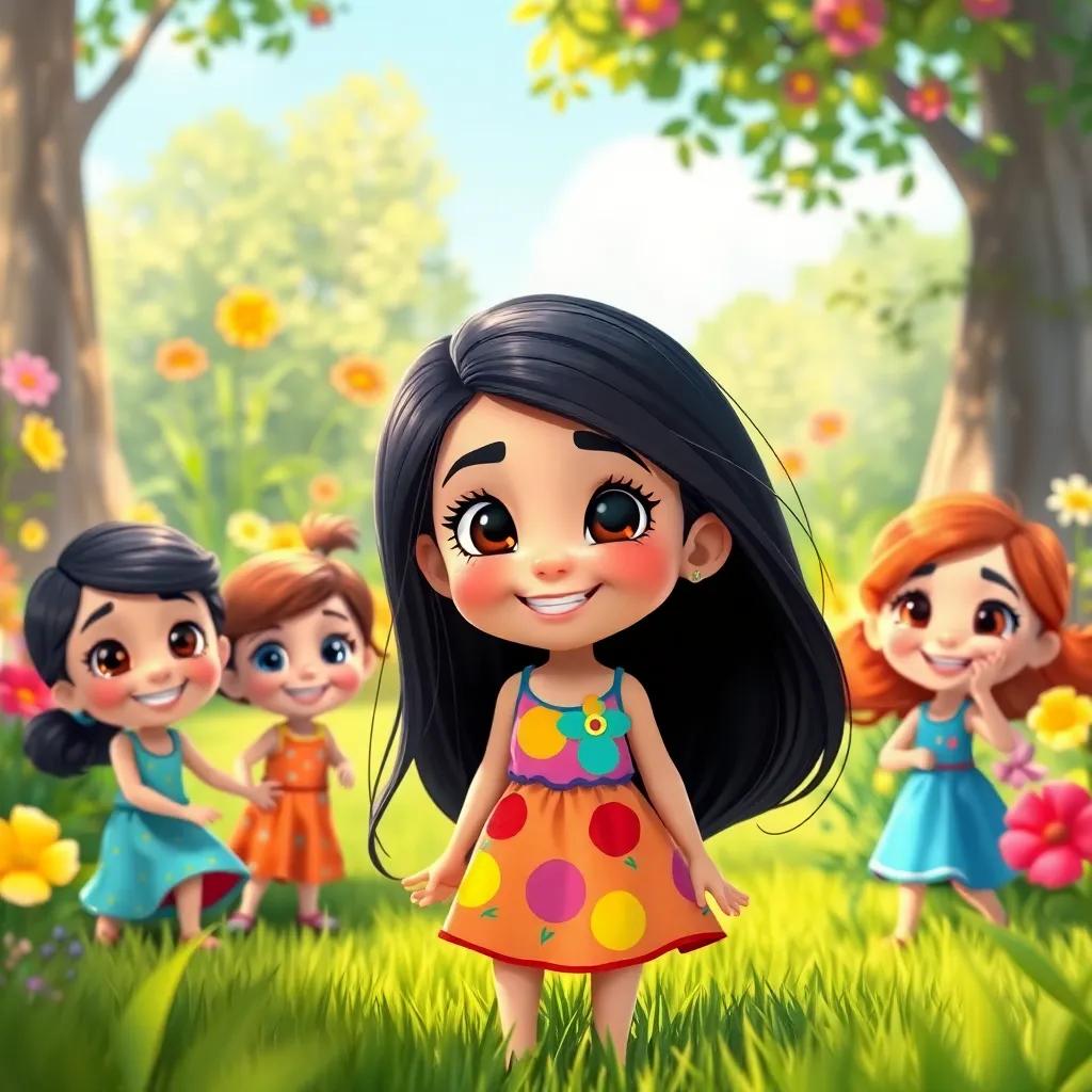 Yasmin, the young girl with long dark hair in a colorful dress, surrounded by her friends, each with beautiful eyelashes and big smiles, playing in a sunny garden, vibrant colors, fun and lively, digital illustration, high quality
