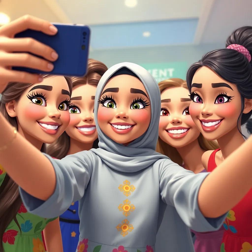 Yasmin with her friends, taking selfies with their beautiful eyelashes, colorful dresses and happy expressions, sharing the moment on social media, digital art, lively atmosphere, friendship and joy, high quality