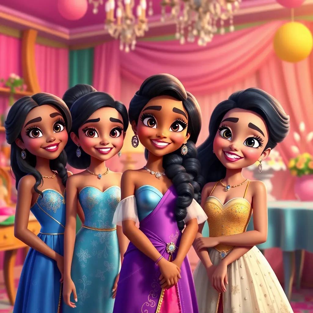 Yasmin and her friends preparing for a party, wearing beautiful outfits and long eyelashes, standing in a colorful room decorated for a celebration, joyful expression, digital painting, bright colors, festive atmosphere
