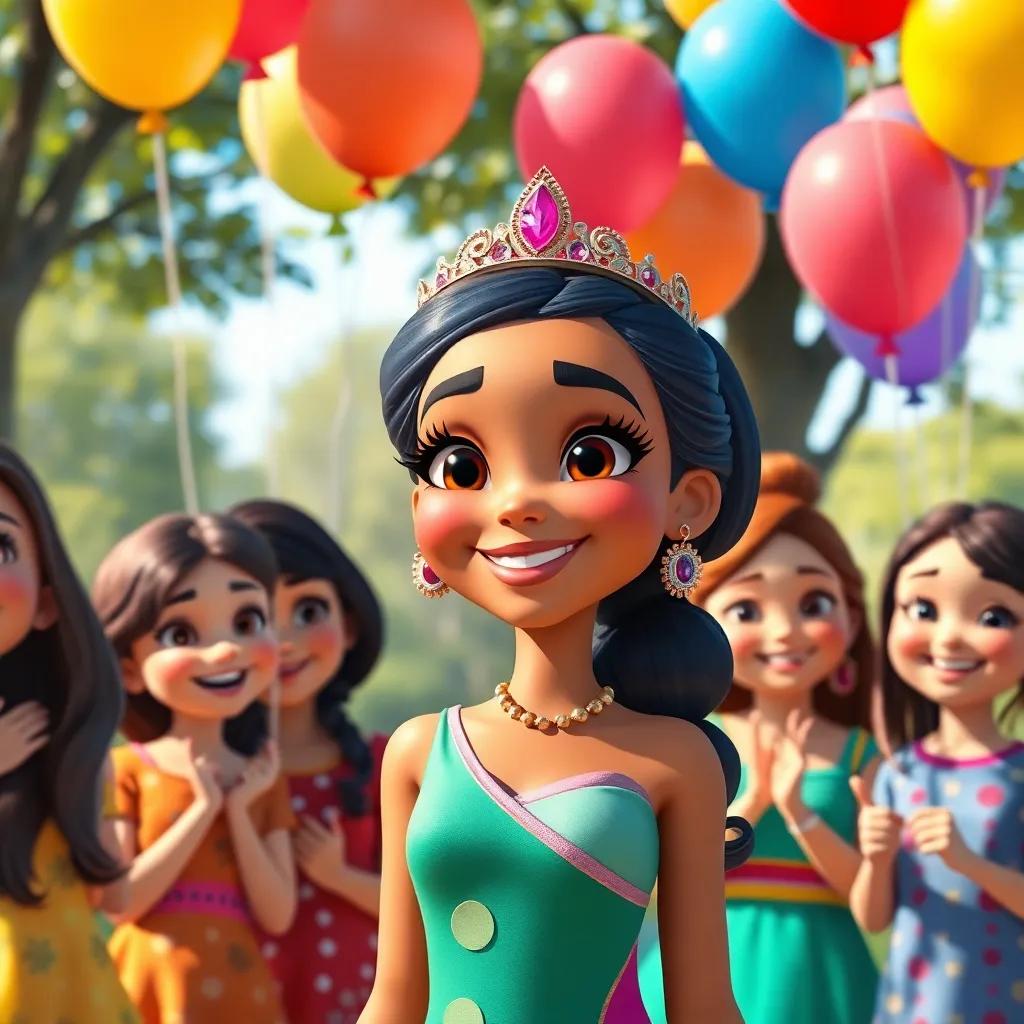 Yasmin smiling, proud of her friends' happiness, standing in the park with colourful balloons, surrounded by her friends showing their beautiful eyelashes, fun and cheerful scene, digital art, bright lighting, high quality
