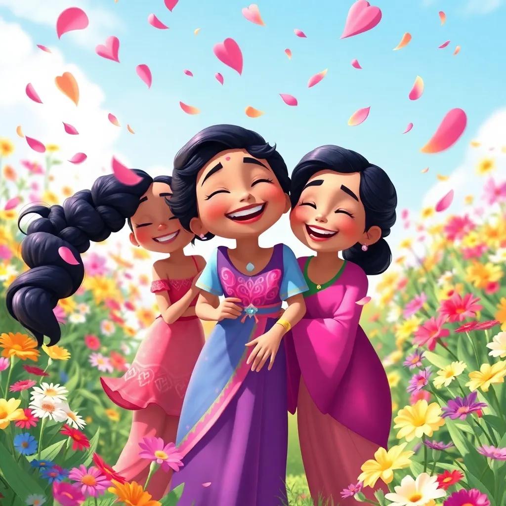 Yasmin's happy moment with her friends, laughing and playing in the garden with flower petals in the air, the background filled with colourful flowers and a blue sky, digital illustration, joyful atmosphere, high quality