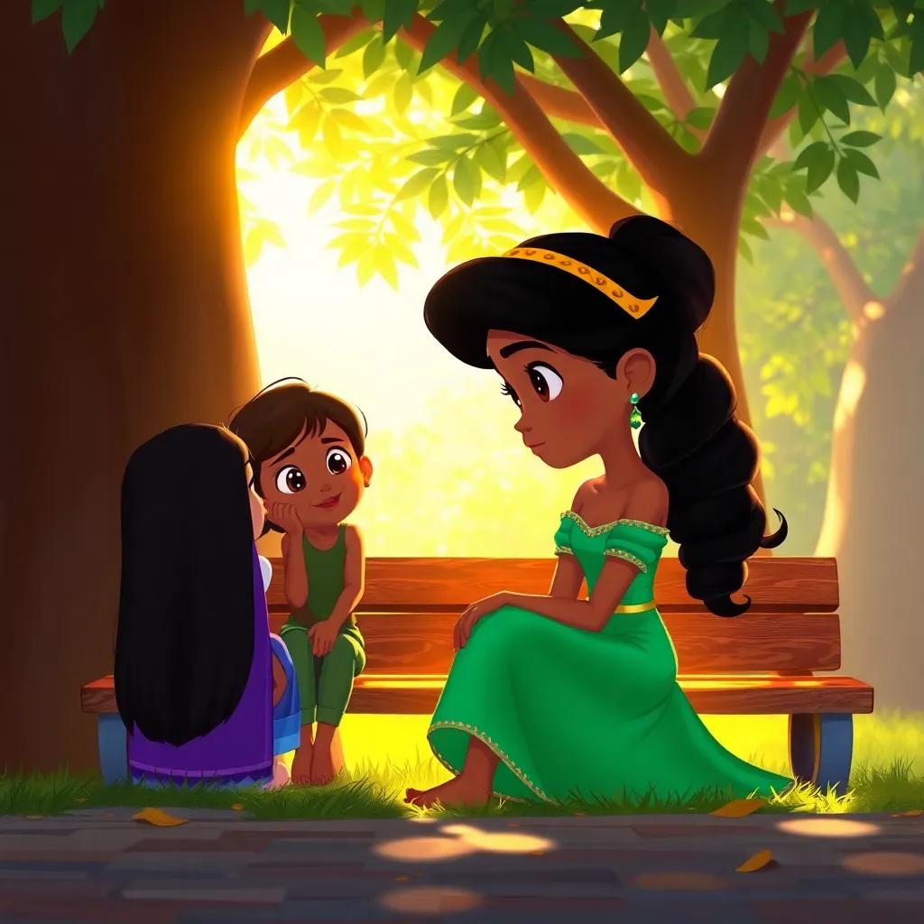Yasmin reflecting on her lesson about friendship and happiness, sitting on a bench under a tree with her friends, light filtering through the leaves, digital painting, warm colors, thoughtful and happy scene, high quality