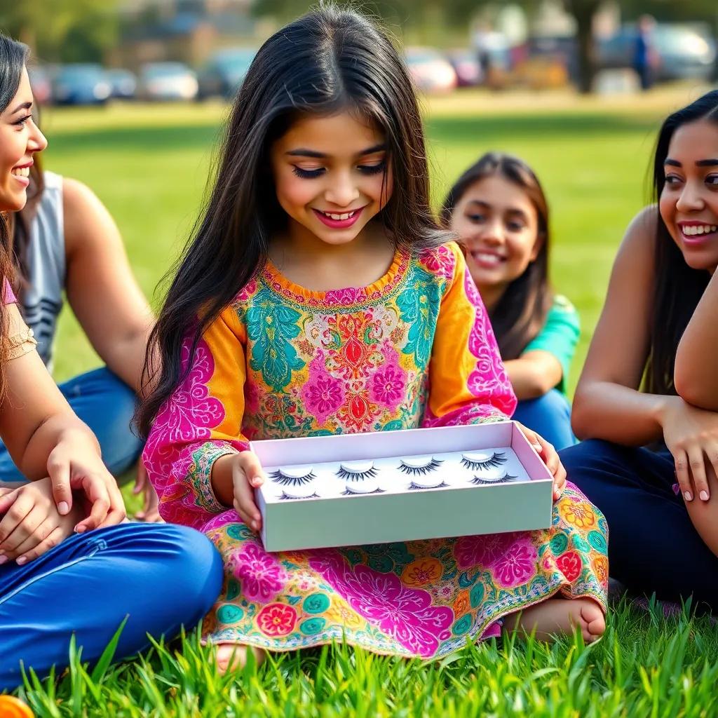 A young Arab girl, Yasmin, with long dark hair wearing a colorful dress, sitting on green grass surrounded by friends excitedly looking at a box of colorful fake eyelashes, cheerful atmosphere, bright colors, digital art, high quality.