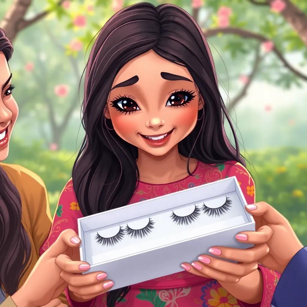 Yasmin, a young Arab girl with long dark hair in a colorful dress, opening a box of shiny false eyelashes with friends sitting close, joyful expressions, nature backdrop, vibrant colors, illustration, inviting scene.