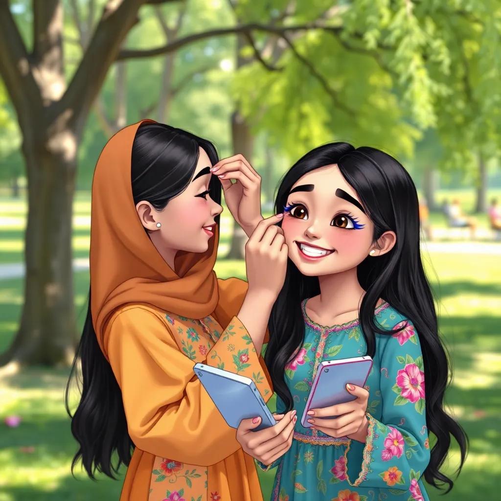 A young Arab girl, Yasmin, with long dark hair wearing a colorful dress, applying blue eyelashes to a friend who looks delighted, with a small mirror in hand, sunny day in the park, cheerful mood, detailed digital illustration.