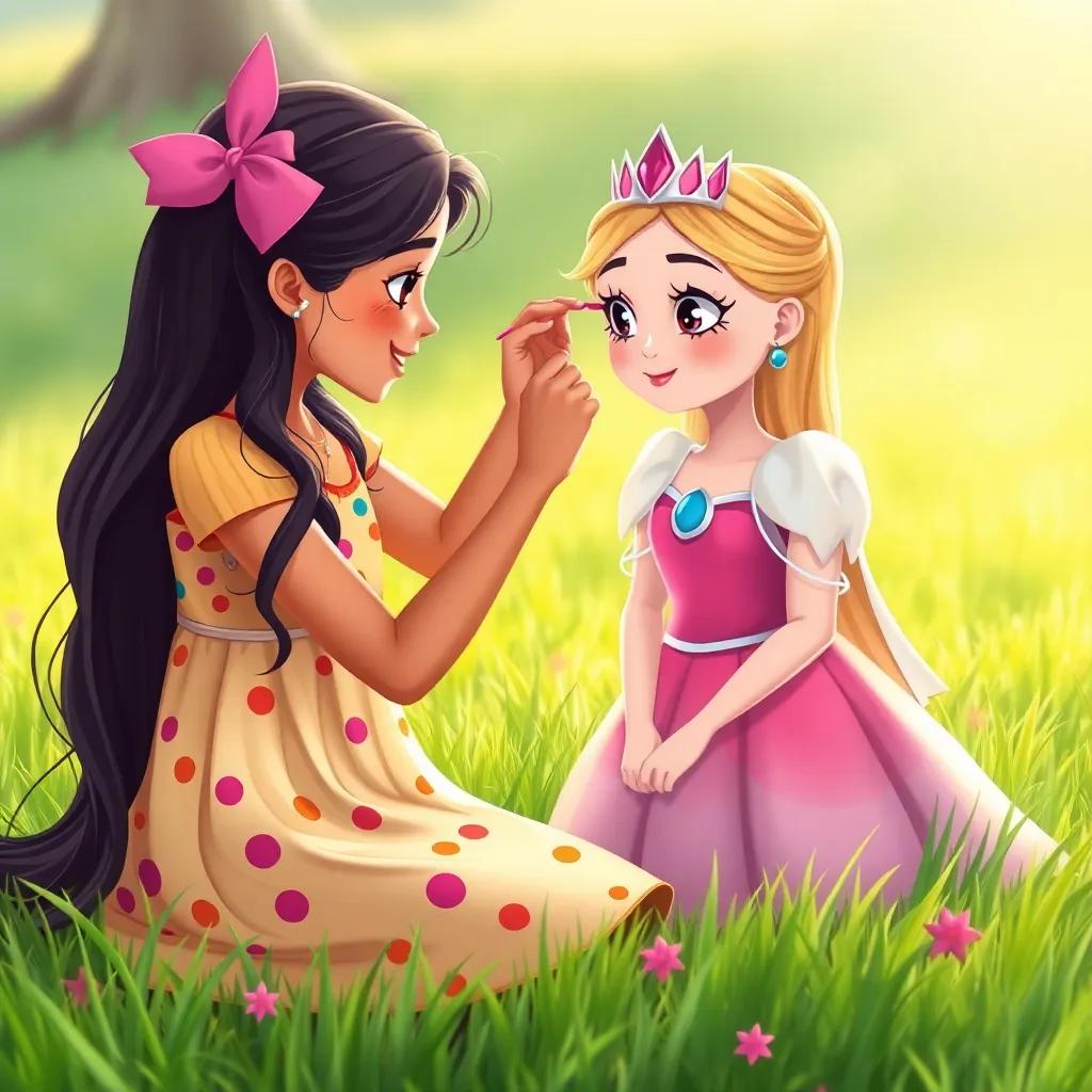 A young Arab girl, Yasmin, with long dark hair in a colorful dress, applying pink eyelashes to another friend who looks like a princess, sitting on soft green grass, bright light, playful atmosphere, illustration, child-friendly style.