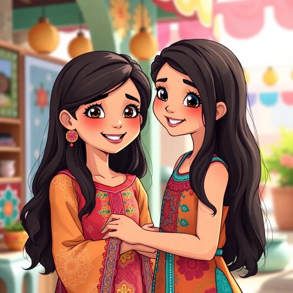 A young Arab girl, Yasmin, with long dark hair in a colorful dress, helping her friend with beautiful golden eyelashes, both smiling with excitement, colorful environment, sunny and bright, charming illustration.