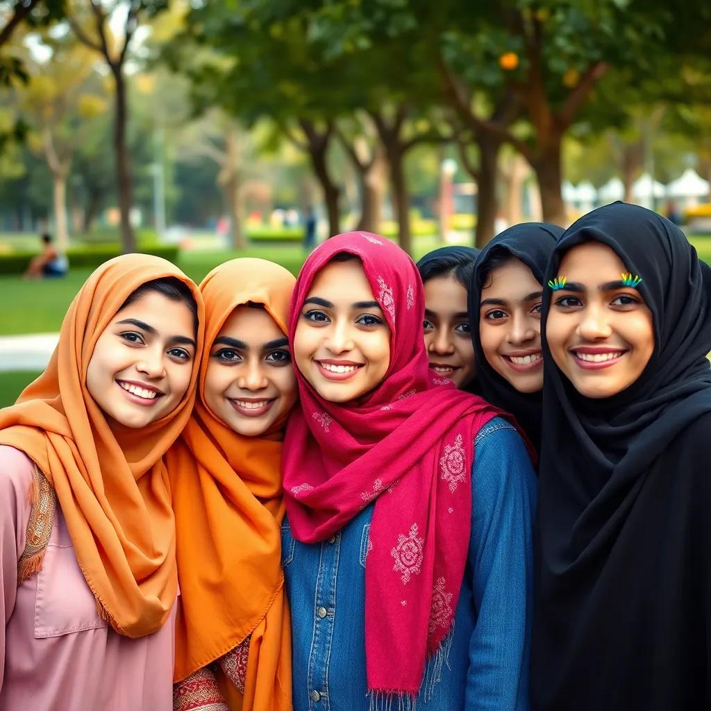 A group of young Arab girls, including Yasmin, posing together with colorful eyelashes, smiling happily, vibrant colors, fun and lively atmosphere in the park, digital art, high quality.