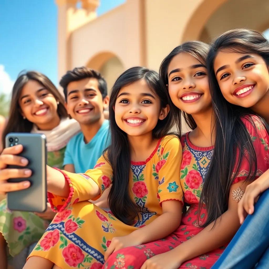 A young Arab girl, Yasmin, with long dark hair in a colorful dress, sitting with happy friends, taking a selfie, laughing together, sunny day, bright and colorful scenery, digital painting, child-friendly.