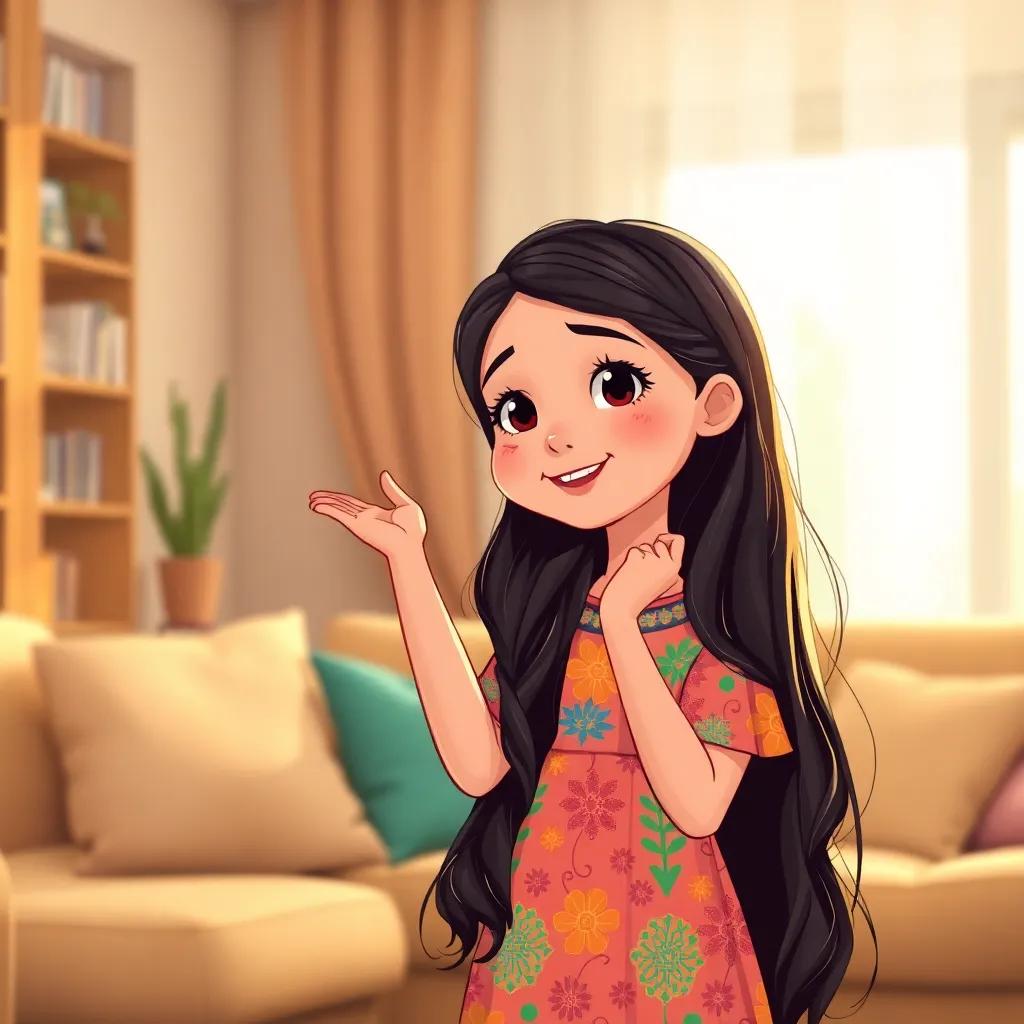 A young Arab girl, Yasmin, with long dark hair in a colorful dress, proudly telling her mom about her day putting eyelashes on friends, in a cozy home setting, warm light, positive feeling, illustration.