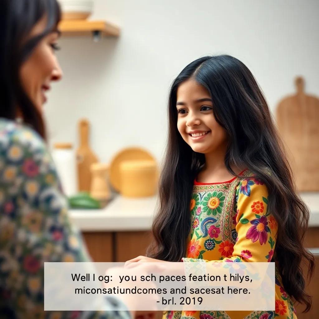 A young Arab girl, Yasmin, with long dark hair in a colorful dress, smiling at her mom who is praising her for making friends happy, in the kitchen with soft lighting, mother-daughter connection, digital art.
