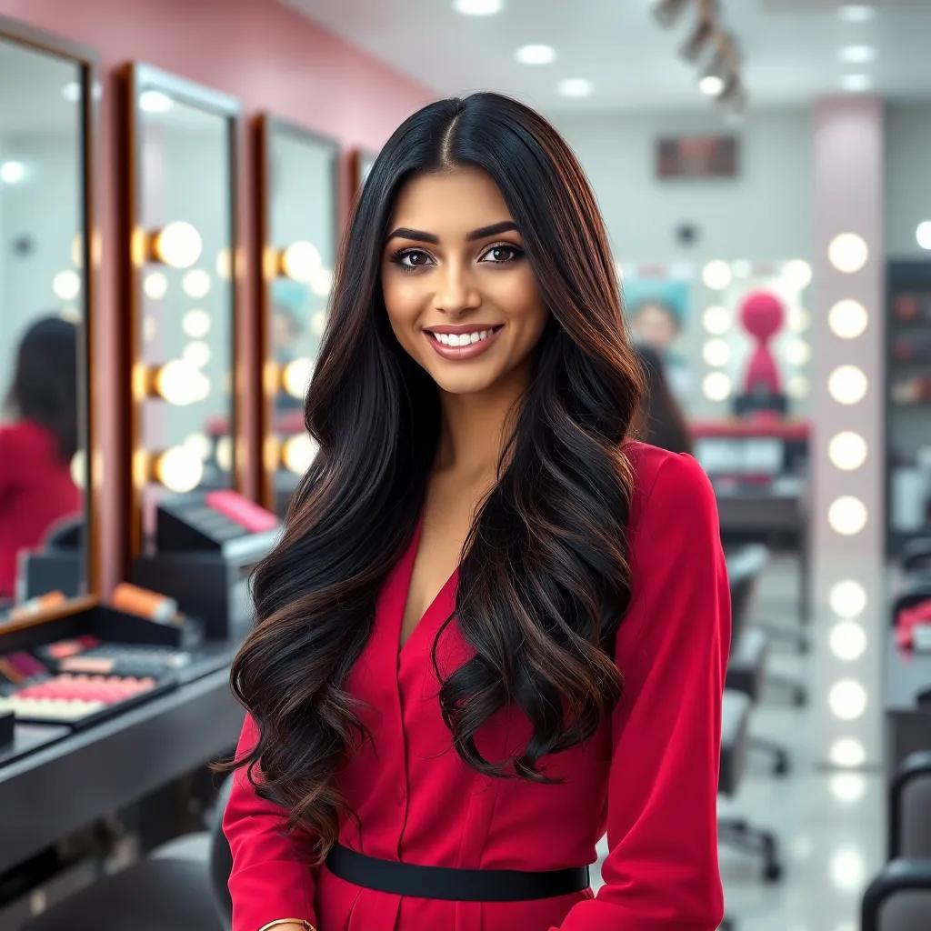 A stylish Arab girl, Yasmeen, with long, dark hair, wearing a professional dress and a friendly smile, working in a beauty salon filled with colorful makeup products and mirrors, detailed digital art, bright colors, inviting atmosphere, high quality