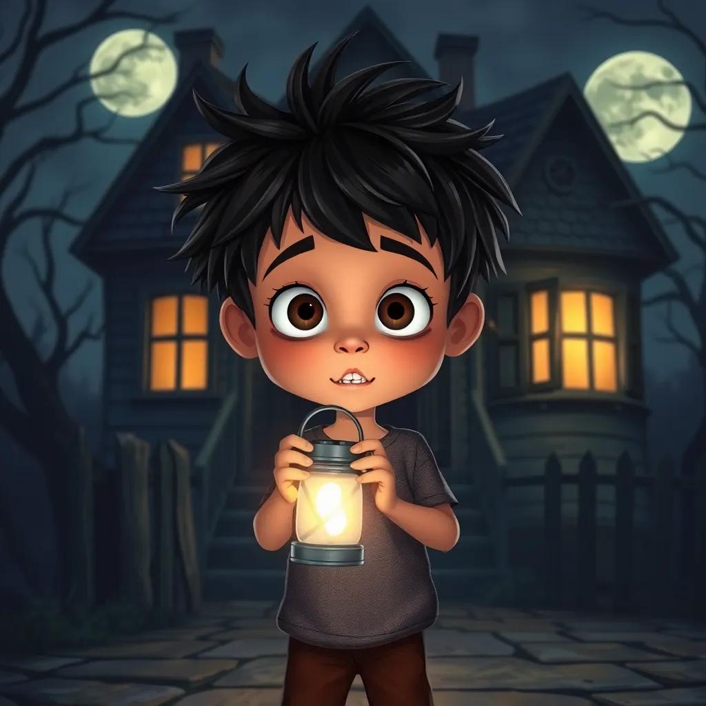 A curious young boy, Yassine, with bright eyes and messy hair, holding a small lantern, standing in front of a spooky, old house at night, detailed illustration, eerie atmosphere, moonlight shining, mysterious shadows, high quality