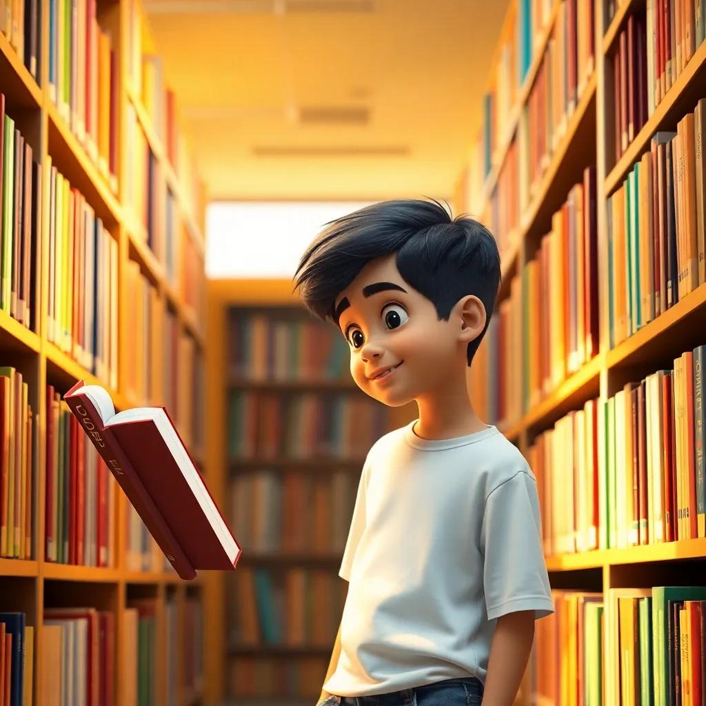 A young Arab boy, Yaseen, with short black hair, wearing a white t-shirt and jeans, looking at a big colorful book title in a library, surrounded by bookshelves, warm and inviting light, cheerful atmosphere, high quality