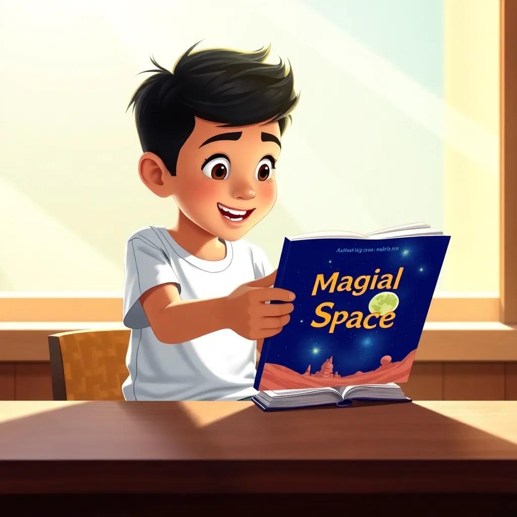 Yaseen, a young Arab boy with short black hair in a white t-shirt and jeans, reading the book titled 'Magical Space', sitting at a wooden table with bright sunlight, excitement on his face, child-friendly illustration, engaging perspective, vibrant colors